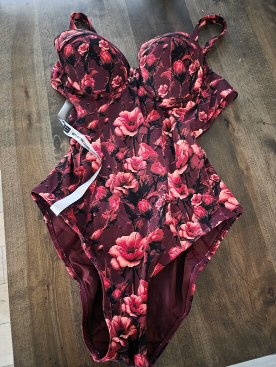 Ta3 Other - TA3 Floral Burgundy One-Piece Swimsuit with Pink Bloom Print